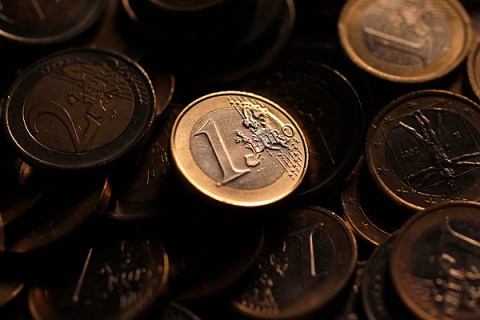 Euro coins are seen in this photo illustration taken in Rome