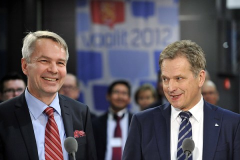National Coalition's Niinisto and Green Party's Haavisto are seen after first round of Finnish presidential elections in Helsinki