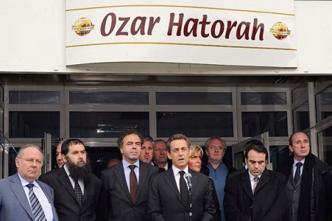 Nicolas Sarkozy, France's President and UMP party candidate for 2012 French presidential election, delivers a speech in front of the "Ozar Hatorah" Jewish school in Toulouse, southwestern France