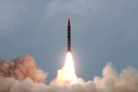 A Hatf-VI (Shaheen-II) missile takes off during a test flight from an undisclosed location in Pakistan