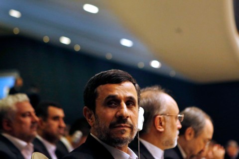 Iran's President Mahmoud Ahmadinejad sits with his delegation prior to his address to the 67th United Nations General Assembly at the U.N. headquarters in New York