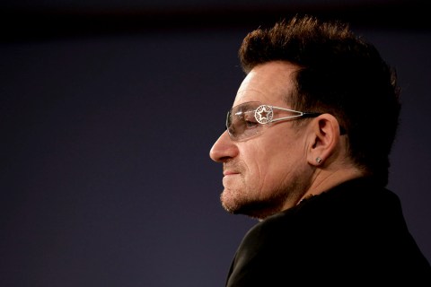 U2 lead singer and co-founder of ONE and (RED) Bono participates in a round-table discussion with others leaders on World AIDS Day at the Jack Morton Auditorium on the campus of George Washington University December 1, 2011 in Washington, DC. 