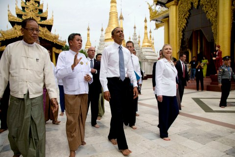 image: U.S. President Barack Obama tours the Shwedagon Pagoda with Secretary of State Hillary Rodham Clinton in Rangoon, Burma on Nov. 19, 2012.