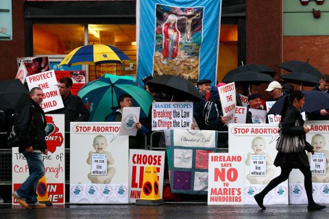 image: Pro-life campaigners protest outside the Marie Stopes clinic in Belfast, Oct. 18, 2012.
