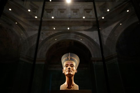 image: The Nefertiti bust is pictured during a press preview of the exhibition 'In The Light Of Amarna' at the Neues Museum in Berlin, Dec. 5, 2012. 