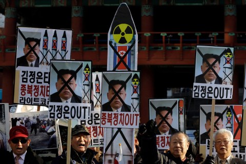South Korean protesters shout slogans during a rally denouncing North Korea's rocket launch in Seoul, South Korea on Dec. 12, 2012. 