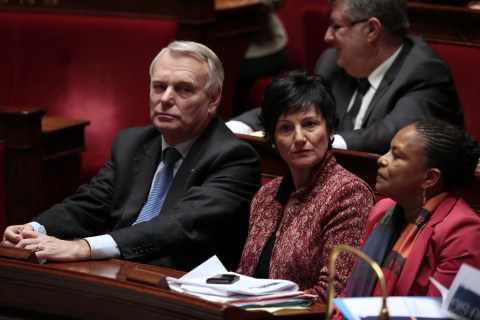 French Prime Minister Jean-Marc Ayrault, French Junior Minister for Family Dominique Bertinotti and French Justice Minister Christiane Taubira listen to members of Parliament explaining their vote on Feb. 12, 2013 at the French National Assembly in Paris.
