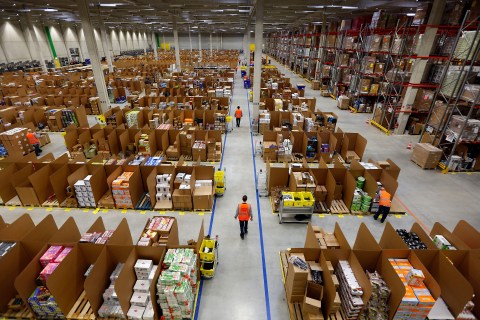 Work is carried out at Amazon's logistics centre in Graben near Augsburg