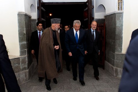 Secretary of Defense Chuck Hagel meets with Afghan president Hamid Karzai, March 10, 2013. 