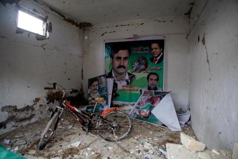 Debris is pictured in a damaged office of Pakistan Muslim League  after Tuesday's bomb blast in Quetta, on April 24, 2013.