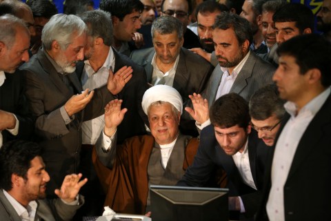 Former Iranian President Akbar Hashemi Rafsanjani, registers his candidacy for the presidential election, at the election headquarters of the interior ministry in Tehran, on May 11, 2013.