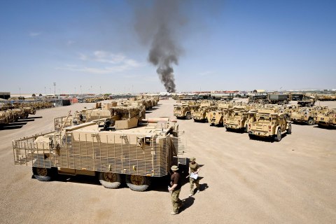 British military vehicles at Camp Bastion, Afghanistan on March 30, 2013.