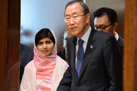 From left: Malala Yousafzai and UN Secretary-General Ban Ki-moon arrive at the United Nations headquarters in New York City, on July 12, 2013.