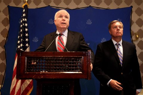 From left: Senators John McCain and Lindsey Graham address a joint press conference in Cairo, on Aug. 6, 2013.