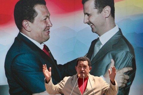 Venezuela's President Hugo Chavez delivers a speech during a visit to Sweida city, south of Damascus, in Syria, on Sept. 4, 2009.