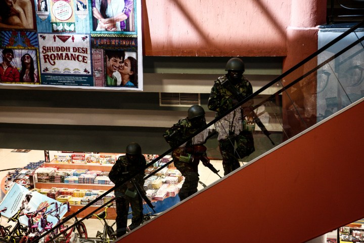 Soldiers on guard inside the Westgate shopping mall after a shootout in Nairobi, Kenya, Sept. 21, 2013. 