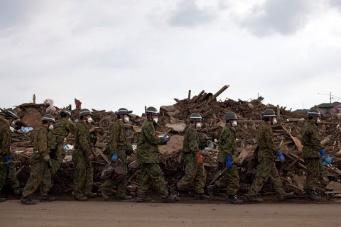 Japanese Self-Defense Force soldiers wal