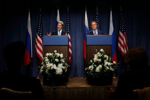 From left: U.S. Secretary of State John Kerry and Russian Foreign Minister Sergey Lavrov speak to the media before their meeting to discuss the ongoing crisis in Syria, in Geneva, on Sept. 12, 2013.