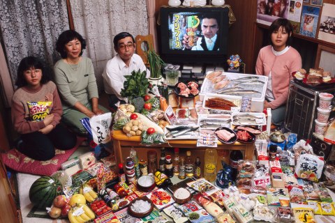 Japan: The Ukita family of Kodaira City.   Food expenditure for one week: 37,699 Yen or $317.25.  Favorite foods: sashimi, fruit, cake, potato chips. 