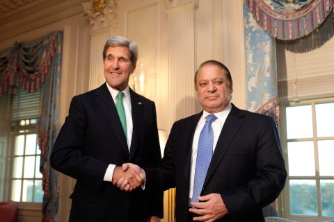 U.S. Secretary of State John Kerry shakes hands with Pakistan's Prime Minister Nawaz Sharif before their meeting in Washington