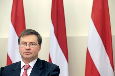 Latvia's Prime Minister Valdis Dombrovskis at a news conference in Riga, on Nov. 8, 2013.
