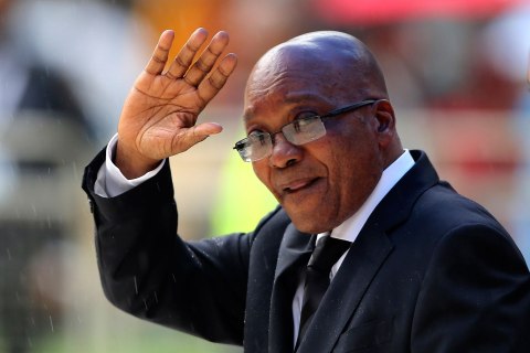 South African President Zuma waves at national memorial service for Mandela in Johannesburg