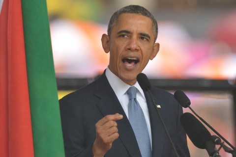 U.S. President Barack Obama delivers a speech during the memorial service for late South African President Nelson Mandela at Soccer City Stadium in Johannesburg to on Dec. 10, 2013.