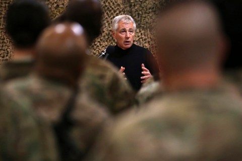 U.S. Secretary of Defense Chuck Hagel speaks to U.S. troops at the Kandahar Air Base