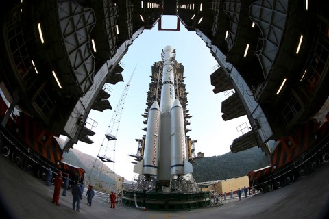The Long March 3B rocket carrying the Chang'e-3 lunar probe is seen docked at the launch pad at the Xichang Satellite Launch Center in Liangshan