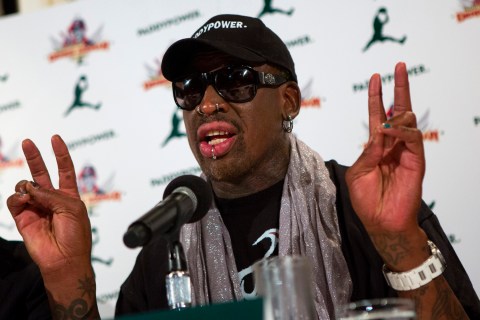 Former NBA basketball player Dennis Rodman speaks at a news conference in New York