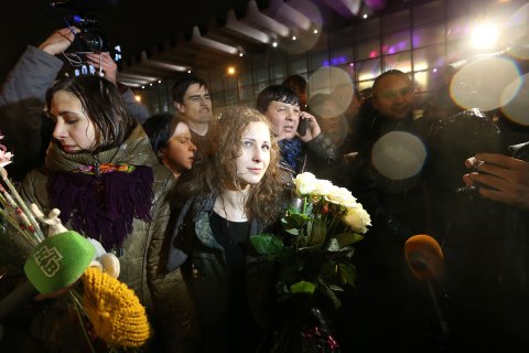 Alyokhina of Russian punk protest band Pussy Riot arrives at Moscow's Kursky railway station