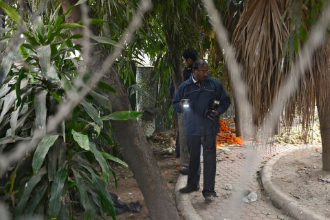 Forensic officials examine a spot where a Danish woman alleged she was robbed and gang-raped, in New Delhi