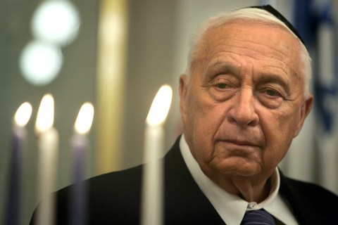Former Israeli Prime Minister Ariel Sharon at the lighting of a Hanukkah candle at his Jerusalem office, on Dec. 27, 2005.