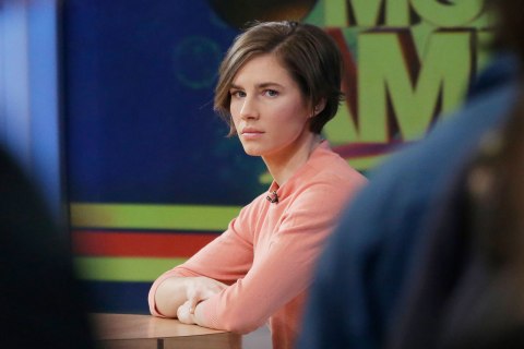 Amanda Knox waits on a television set for an interview, Friday, Jan. 31, 2014 in New York.