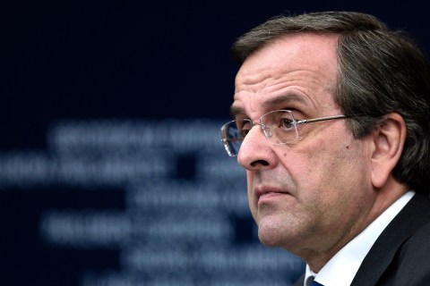 Greek Prime Minister Antonis Samaras gives a press conference at the European Parliament in Strasbourg, eastern France, on Jan. 15, 2014 to present the program of activities of the Greece EU presidency for the next six months.