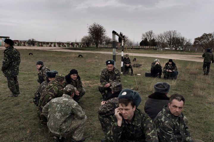 Ukrainian soldiers at the Belbek airbase in Crimea, March 4, 2014.  