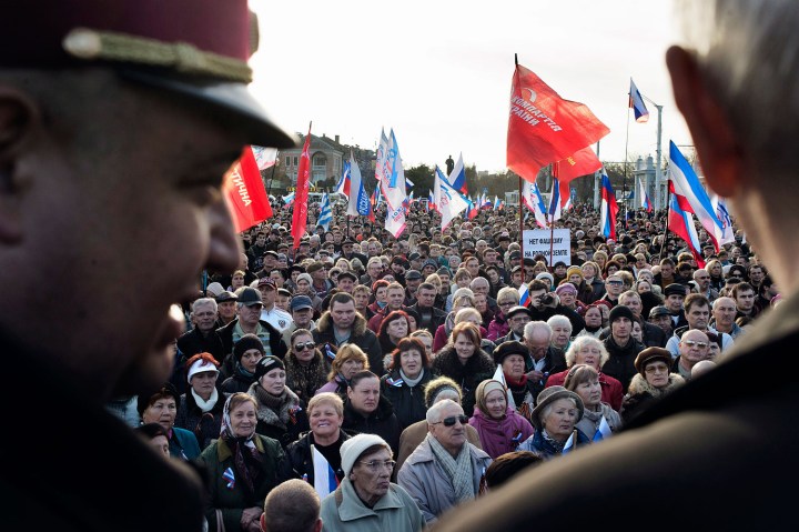 Pro-Russian gathering in Yevpatoria, Ukraine,  March 5,  2014.  