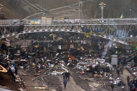 A general view shows anti-government protesters at a barricade in Independence Square in central Kiev