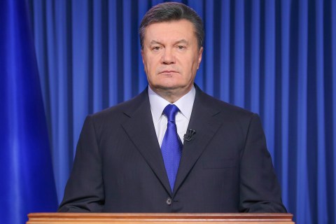Ukrainian President Viktor Yanukovych addresses the nation on a live TV broadcast in Kiev, on Feb. 19, 2014.